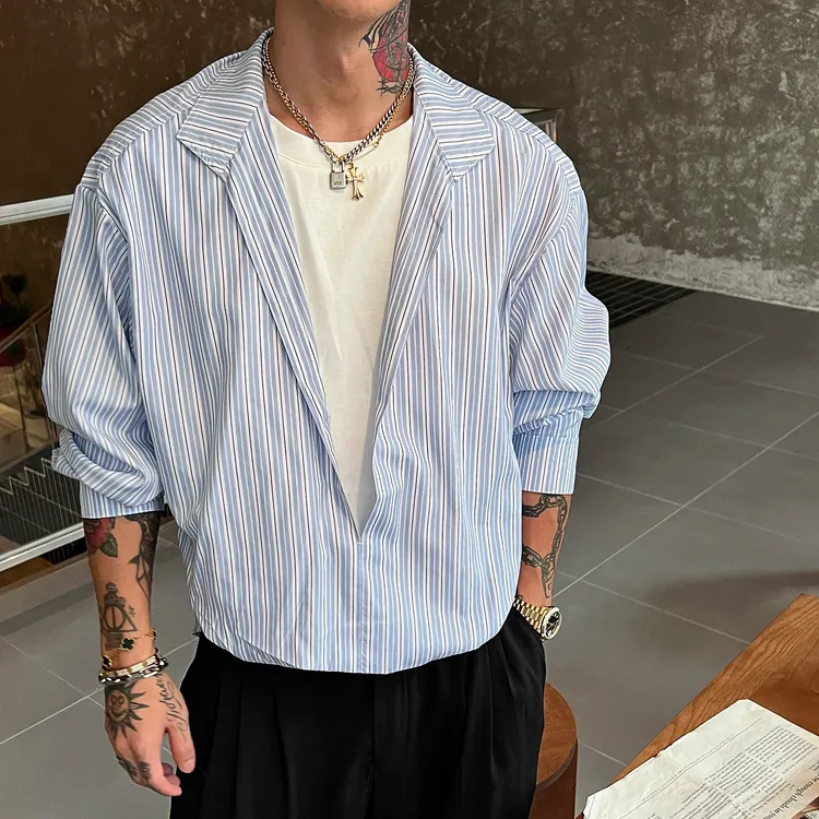 OXFREAK「莱赛尔 蓝白条纹」老钱风假两件V领长袖衬衫男宽松衬衣