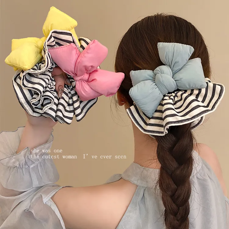 韩系蓬蓬蝴蝶结撞色条纹发圈洋气百搭大肠圈发绳丸子头皮筋发饰品