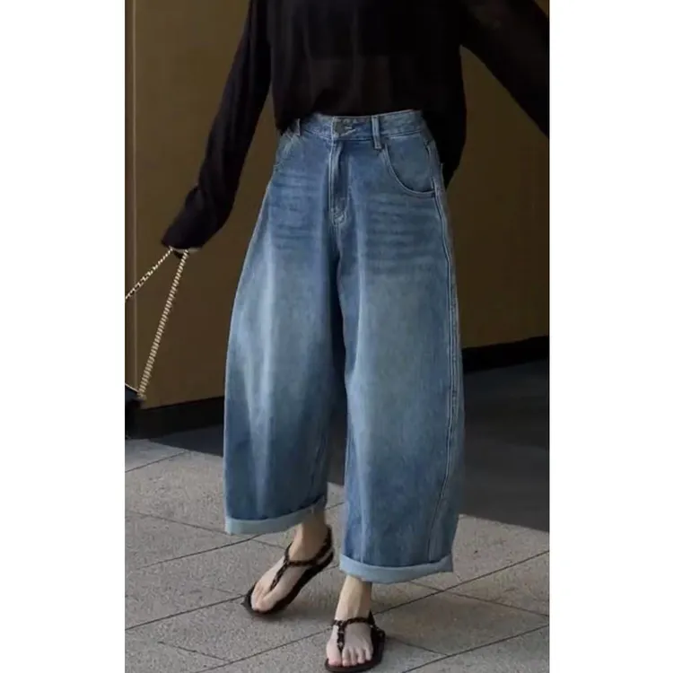 艾塔莉夏季薄款女装九分裤卷边牛仔裤小个子复古长裤百搭通勤修身