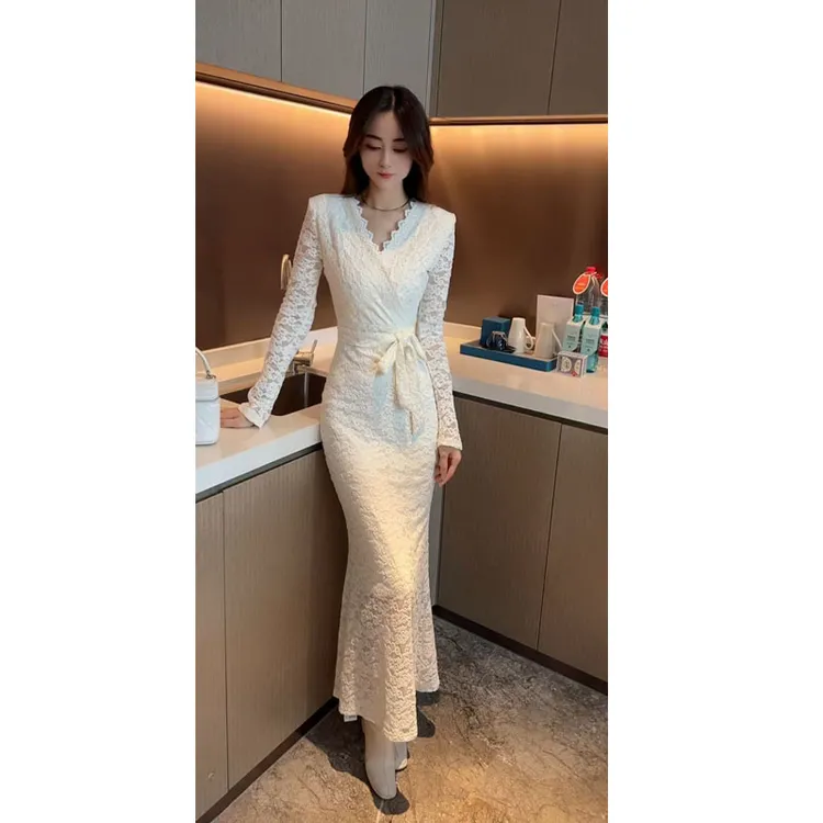 含飘带/气质洋气交叉V领加绒蕾丝连衣裙女中长款显瘦鱼尾连衣裙潮