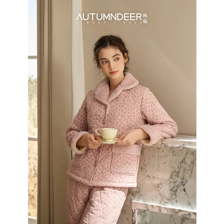秋鹿暖羽绸印花三夹棉国民领长袖长裤女套家居服