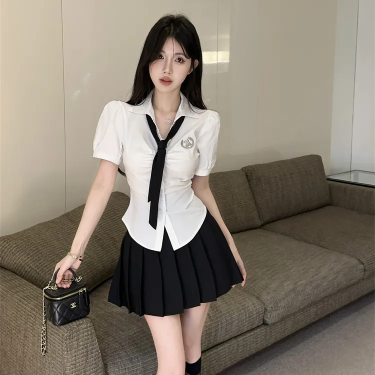 学院风泡泡袖衬衫jk制服套装女夏季独特漂亮掐腰上衣百褶裙两件套