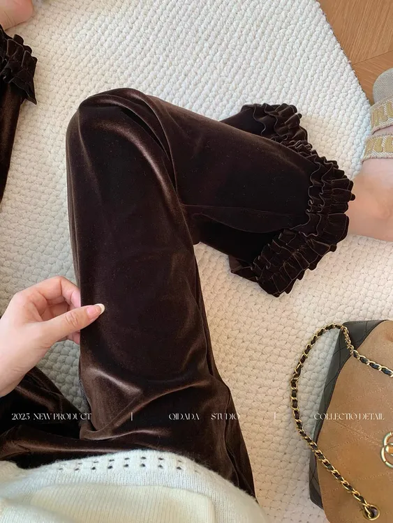 设计感丝绒木耳边阔腿裤女秋冬新款松紧高腰宽松显瘦休闲直筒裤子