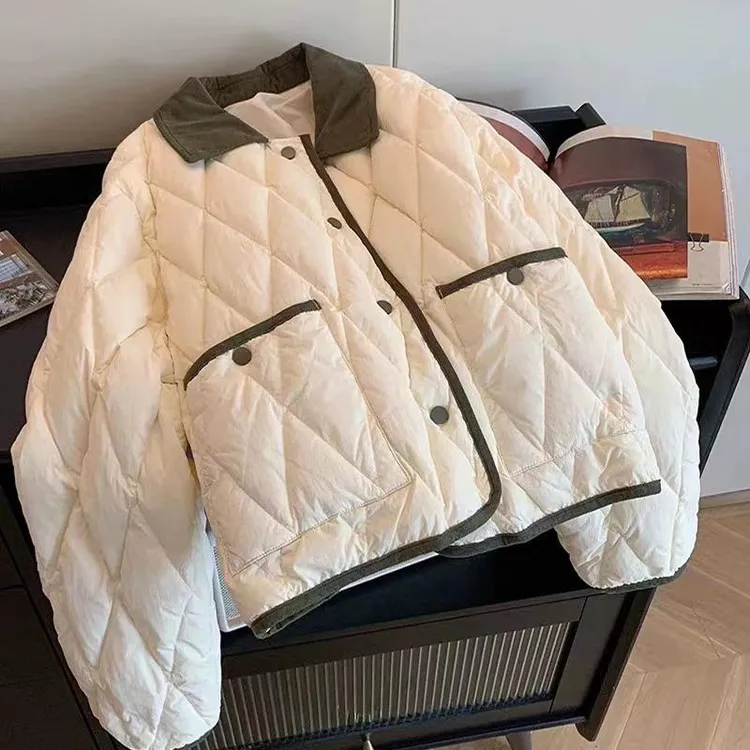 韩版复古菱格棉服外套女秋冬季2025新款菱形格棉袄小个子短款棉衣