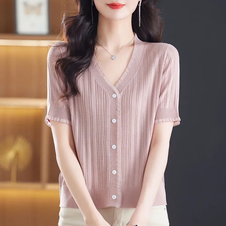 品牌折扣专柜夏季冰丝短袖t恤女宽松大码开衫上衣百搭洋气针织衫