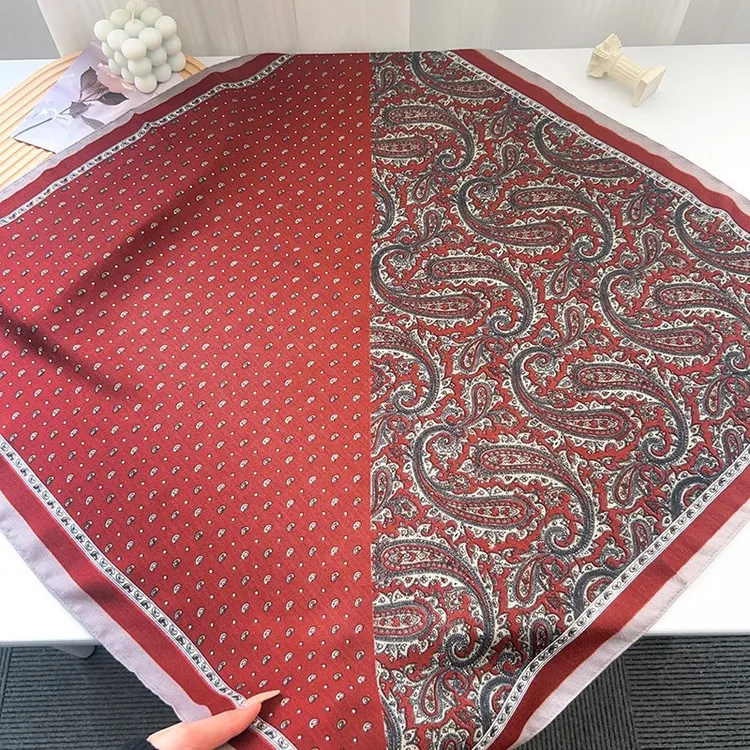 法式复古藏红色拼色腰果花丝巾女系脖高级感百搭气质方巾领巾披肩