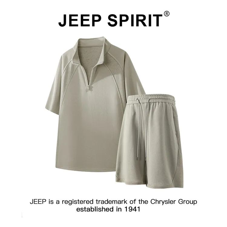 JEEPSPIRIT吉普半拉链短袖T恤休闲运动套装男夏季五分短裤两件套