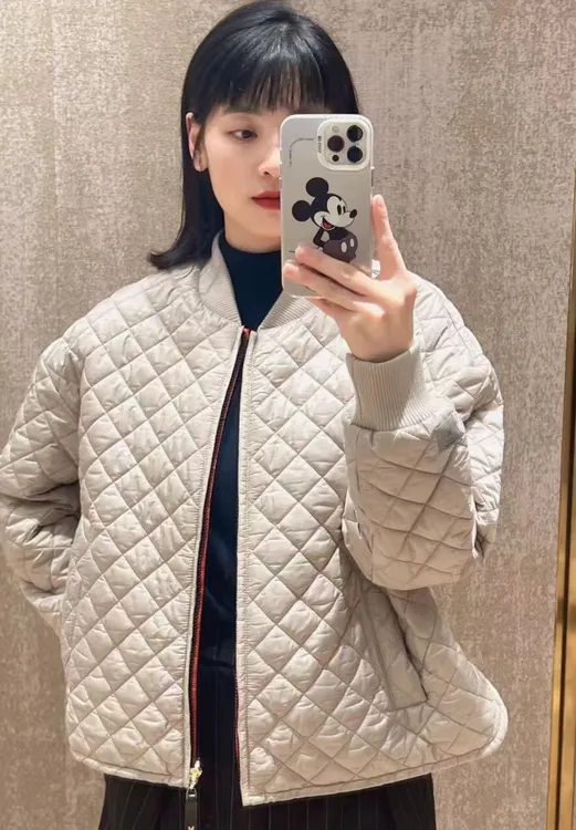 女士外贸M家浅灰色意式轻奢菱格防风保暖夹薄棉棒球棉服夹克外套