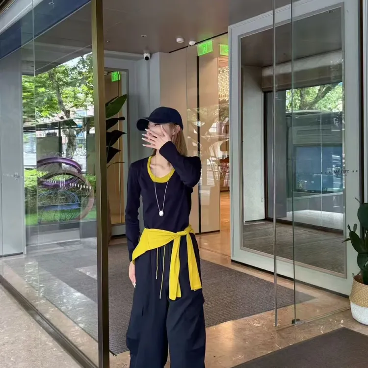 早秋韩范气质休闲带披肩撞色显瘦三件套09