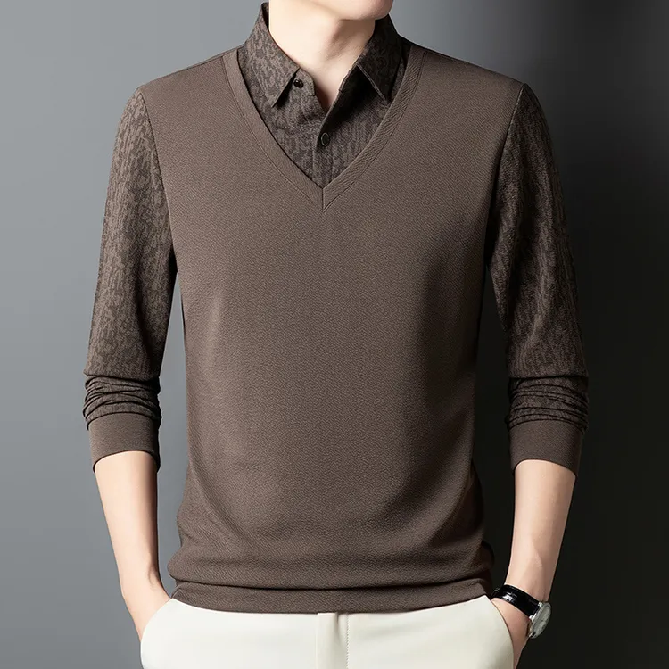 长袖T恤男男士长袖假两件中男装修身纯色打底衫