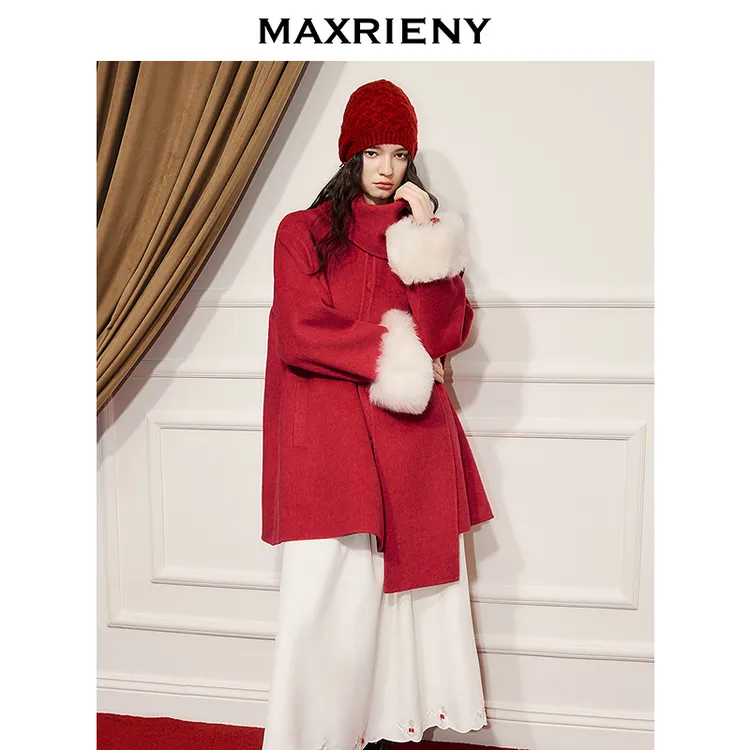 【商场同款】MAXRIENY节庆穿搭羊毛大衣狐狸毛袖口围巾毛呢外套