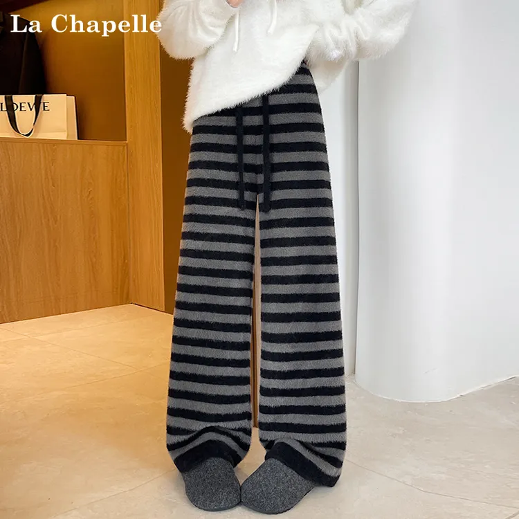 拉夏贝尔2025爆款慵懒风条纹针织阔腿裤女冬季加厚高腰直筒糯米裤
