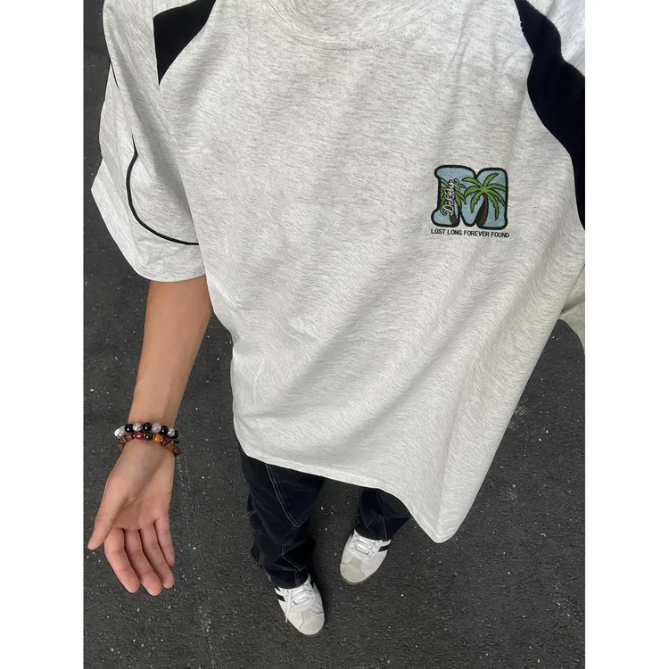 100%纯棉潮流椰树仿刺绣印花短袖t恤男女夏季宽松情侣百搭上衣