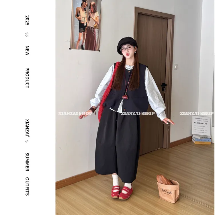 XIANZAI【小画家】早秋新款文艺叠穿衬衫坎肩马甲半身裙三件套装