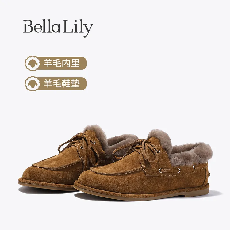 BellaLily2025秋冬新款羊毛加绒小皮鞋女通勤单鞋复古牛皮乐福鞋