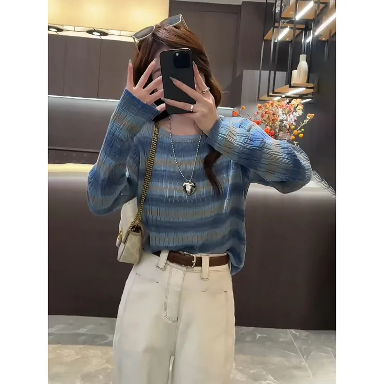 早秋新款圆领镂空条纹针织衫女时尚洋气宽松长袖撞色T恤套头上衣