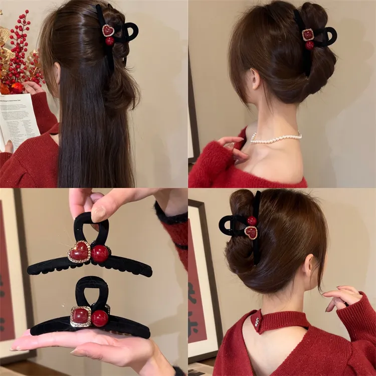 熹金复古新年红色丝绒抓夹大号发夹女2024新款后脑勺鲨鱼夹高级感