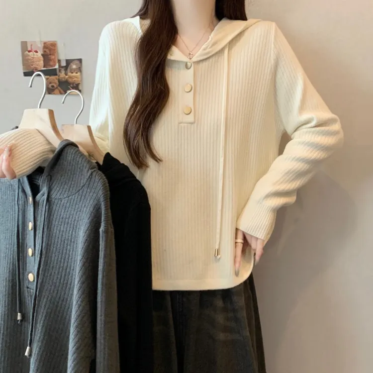 连帽金属扣正肩长袖套头上衣针织衫毛衣潮2025年大码胖MM秋冬新款