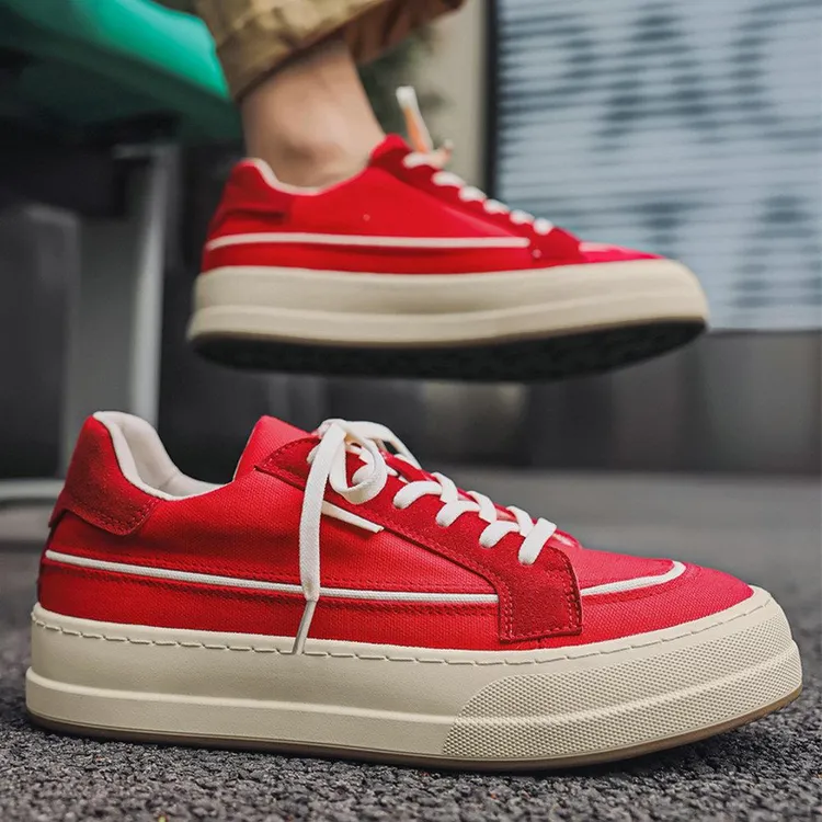 帆布鞋男鞋2025夏季运动休闲厚底青少年百搭红色港风时尚板鞋男生