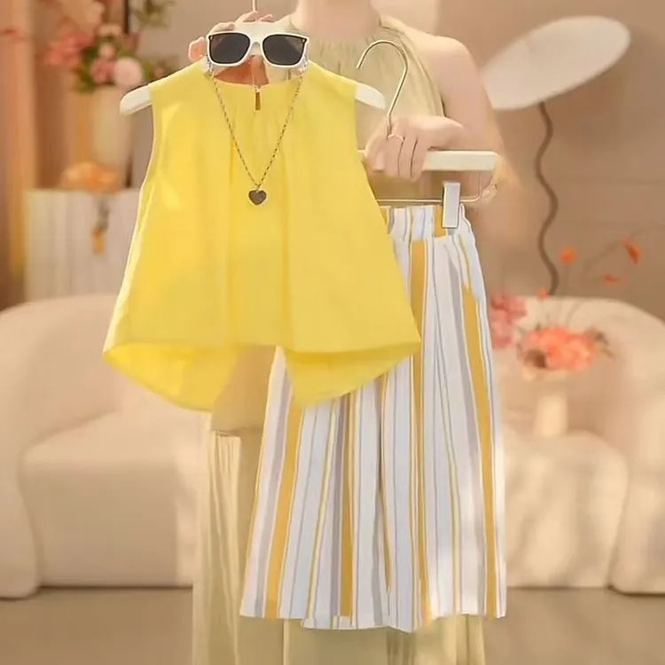 夏季新款女童休闲条纹背心配薄款短袖上衣甜美阔腿裤两件套