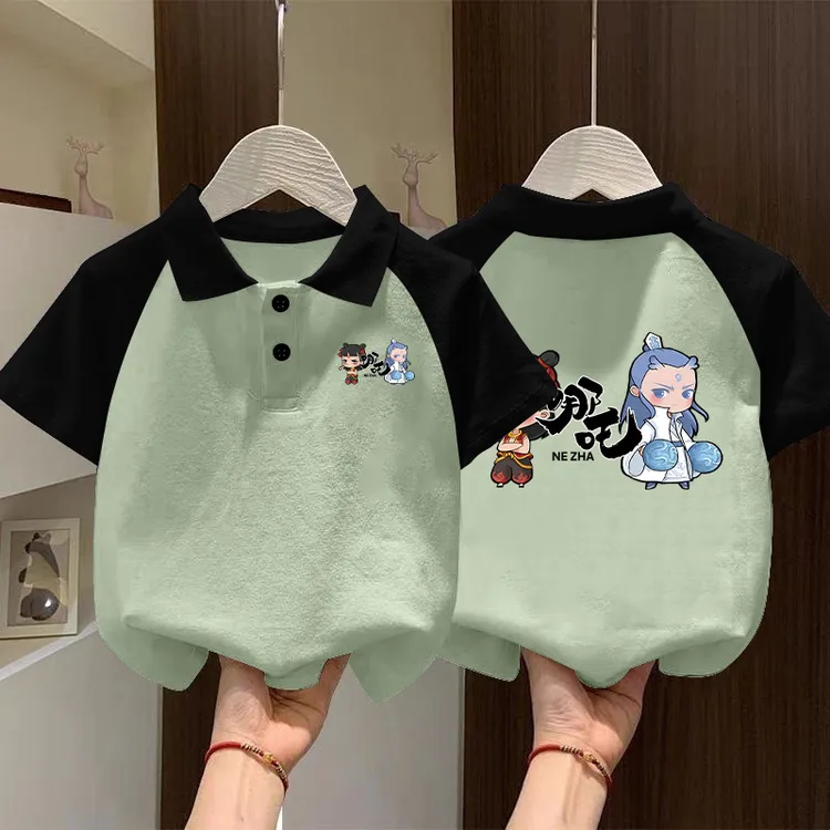 男童夏季哪吒polo衫短袖2025新款宝宝帅气翻领t恤中国风拼接上衣
