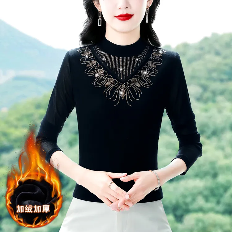 2025秋冬新款高端百搭显瘦气质蕾丝烫钻长袖打底t恤女加绒加厚