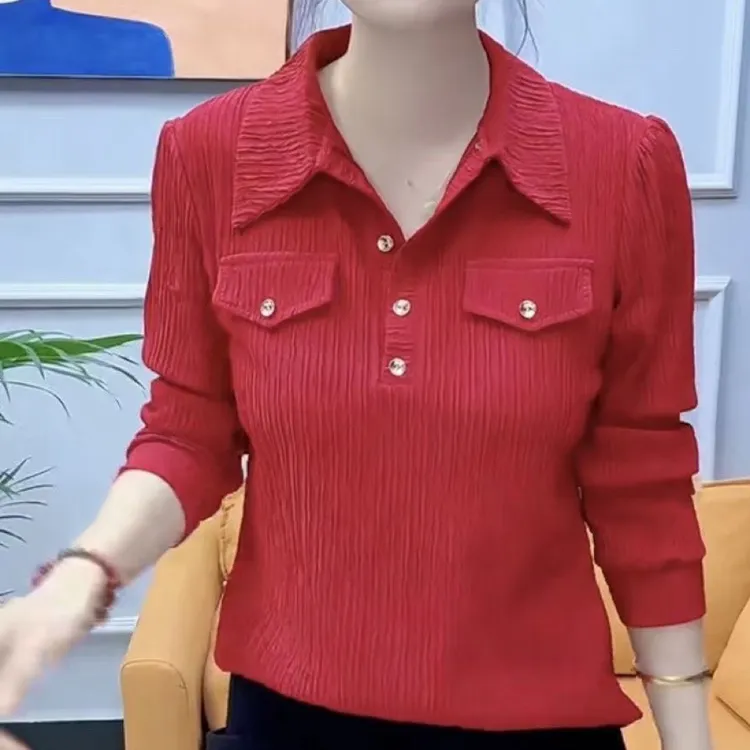 春秋新款长袖半开扣衬衫时尚气质减龄短款女装