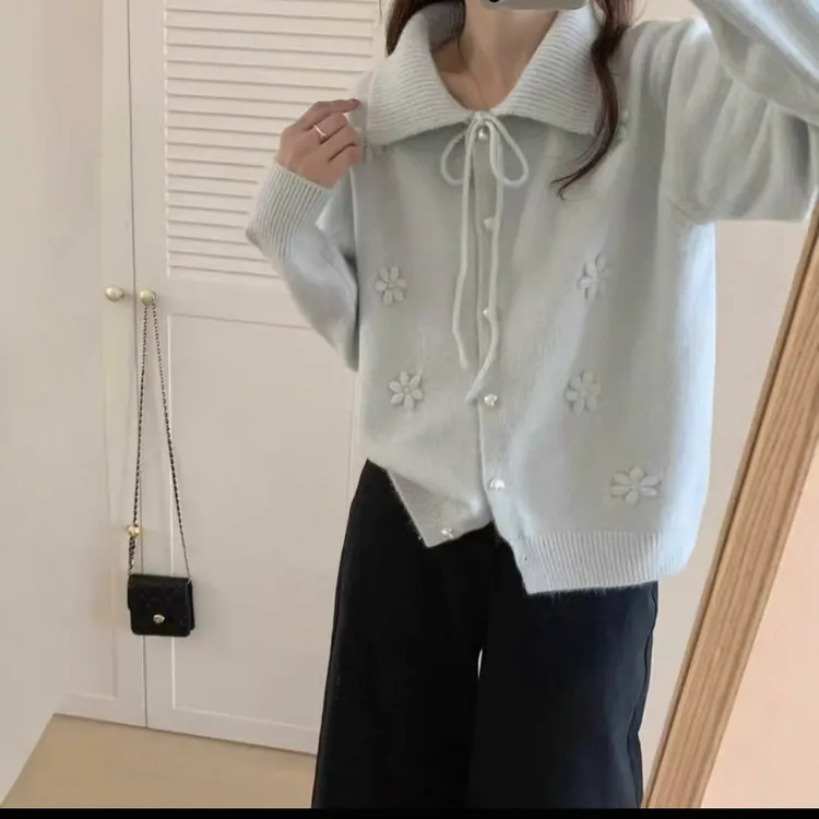G-翻领系带温柔风纯色开衫刺绣毛衣外套女秋冬软糯奶fufu针织开衫