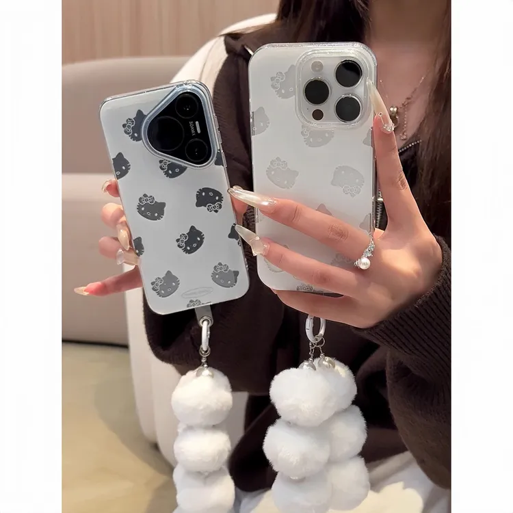 毛绒手绳闪粉KT猫一体键适用苹果17手机壳iPhone16/15防摔14软13