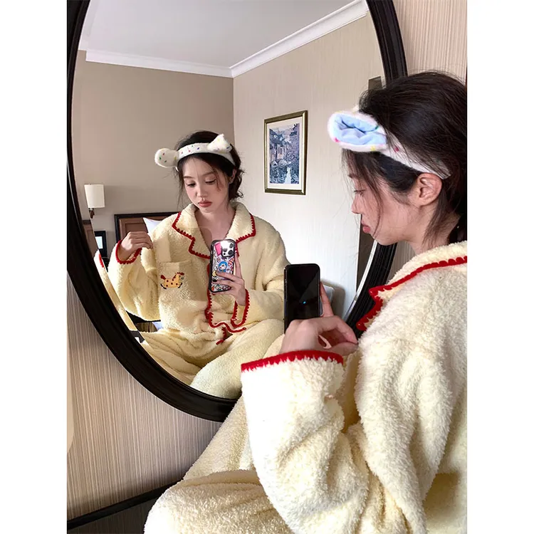 撞色边小马珊瑚绒睡衣套装女冬季加厚保暖家居服