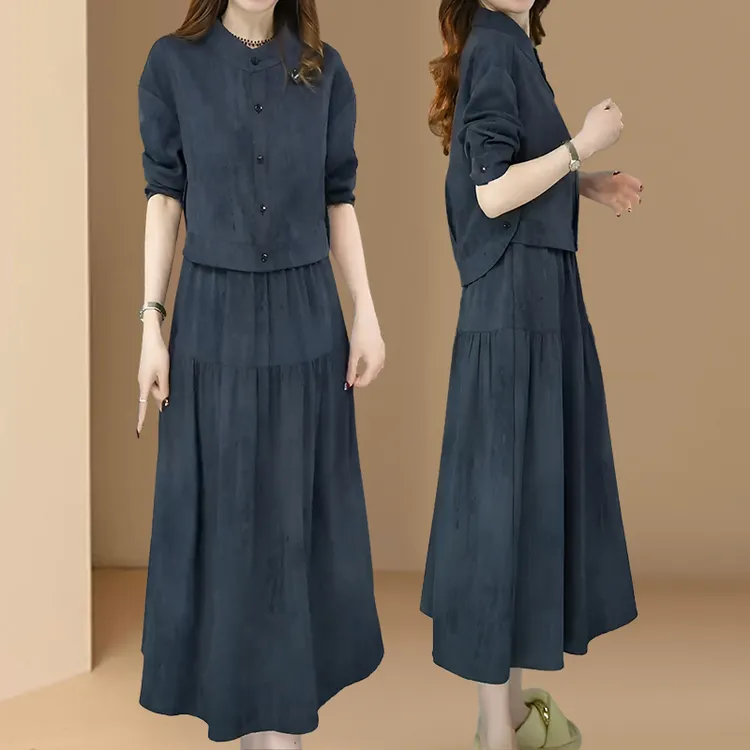 法式宽松连衣裙女2025春秋新款洋气减龄妈妈装简约时尚假两件长裙