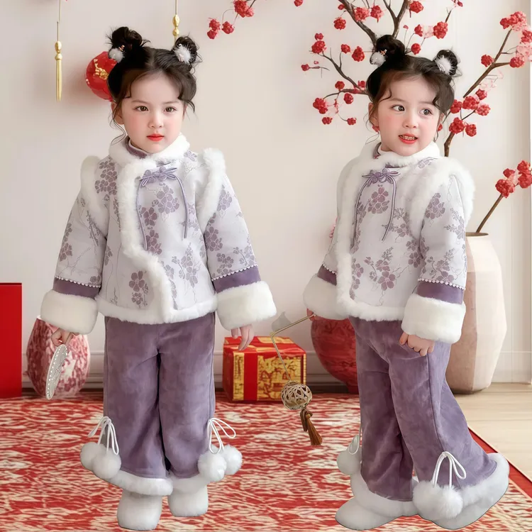 中国风女童新年拜年服套装冬季拜年服冬装唐装儿童加绒加厚抓周服