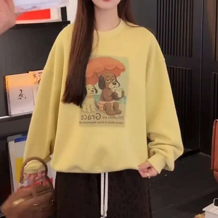 松弛感圆领卫衣女款2025春秋新款美式复古印花遮肉显瘦慵懒风上衣