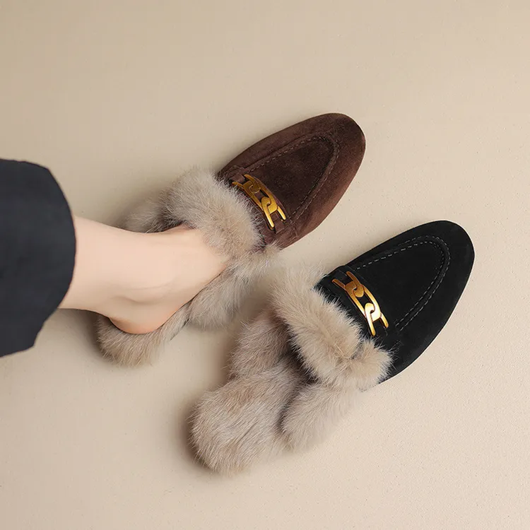 厚底毛毛拖鞋女鞋子外穿磨砂棉拖鞋穆勒鞋秋冬季尖头包头单鞋加绒