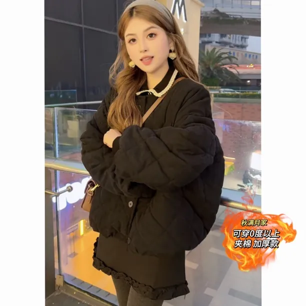 超好看2025冬季新款女士黄色减龄夹棉圆领棉服保暖加厚棉衣短外套