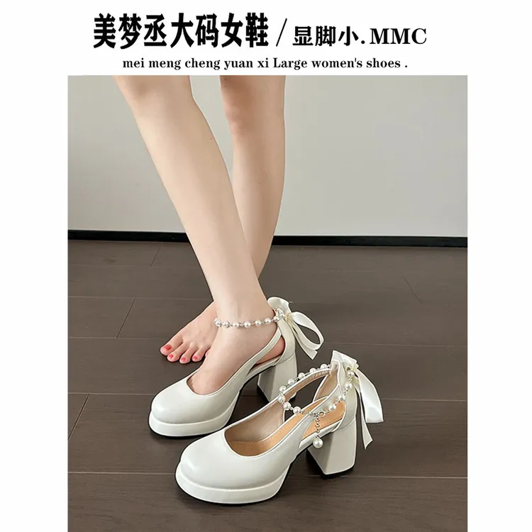 法式绝美气质玛丽珍鞋女珍珠蝴蝶结一字扣带粗跟高跟鞋宽胖脚女鞋