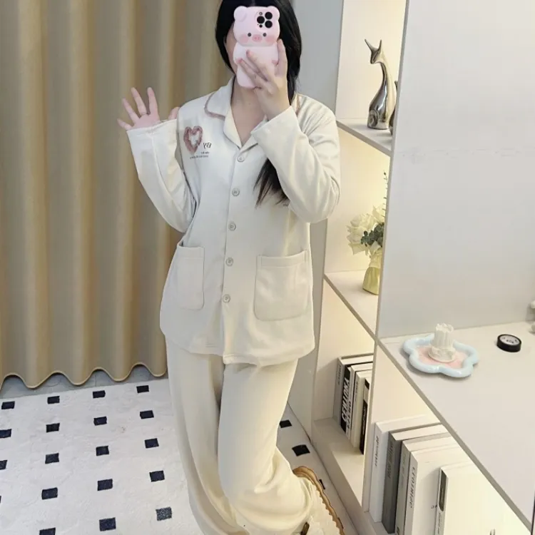 【PIC】新款高级秋冬睡衣女蕾丝边翻领爱心简约长袖加厚家居服套装