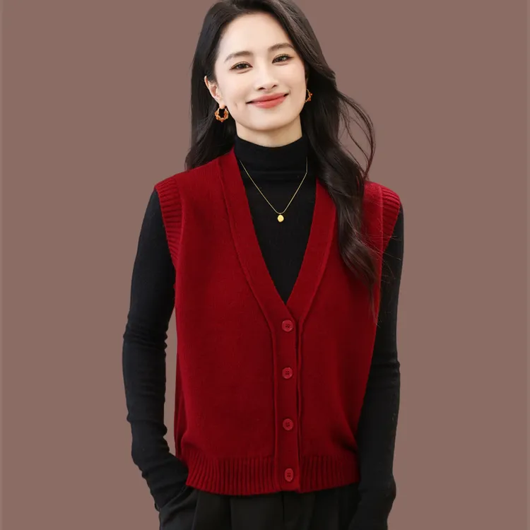 2025秋装新款领羊毛针织开衫女无袖马甲外搭宽松毛衣外套洋