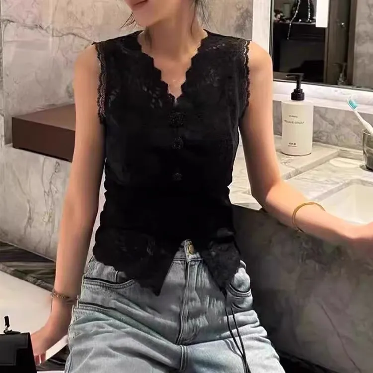 时尚新中式国风V领蕾丝背心显瘦百搭无袖T恤女
