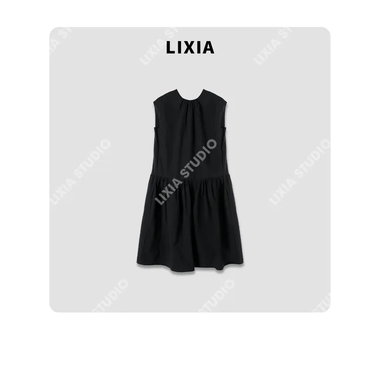 LIXIA【黑玫瑰】简约气质设计感纯棉长款连衣裙-D8169
