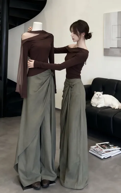 复古美拉德斜肩网纱飘带修身显瘦针织衫女高腰阔腿西装长裤两件套