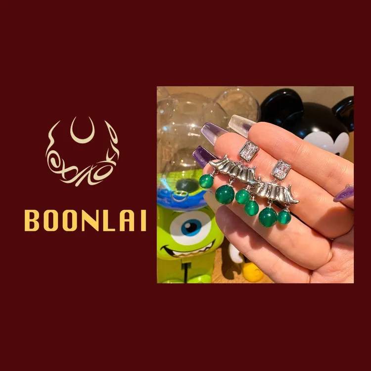 铜合金莫桑石耳饰 Boonlai  国风新中式锆石拼接屋檐绿色耳环1428
