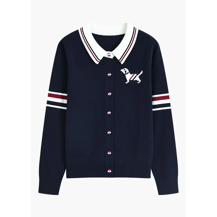 【伴月伊人严选】设计感小狗图案条纹针织开衫翻领减龄上衣H 1608