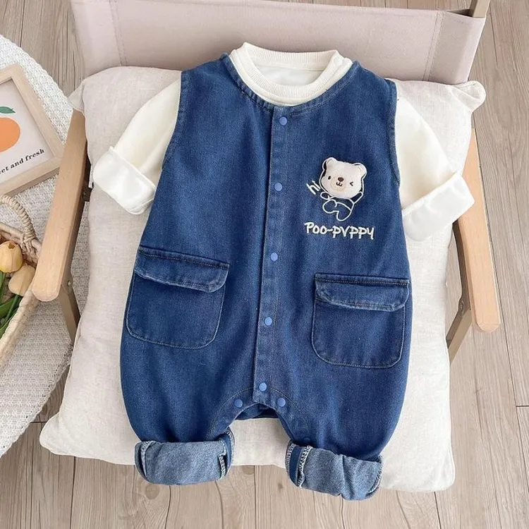 婴儿春款连体衣套装宝宝春秋衣服男女婴幼儿洋气牛仔背带两件套潮
