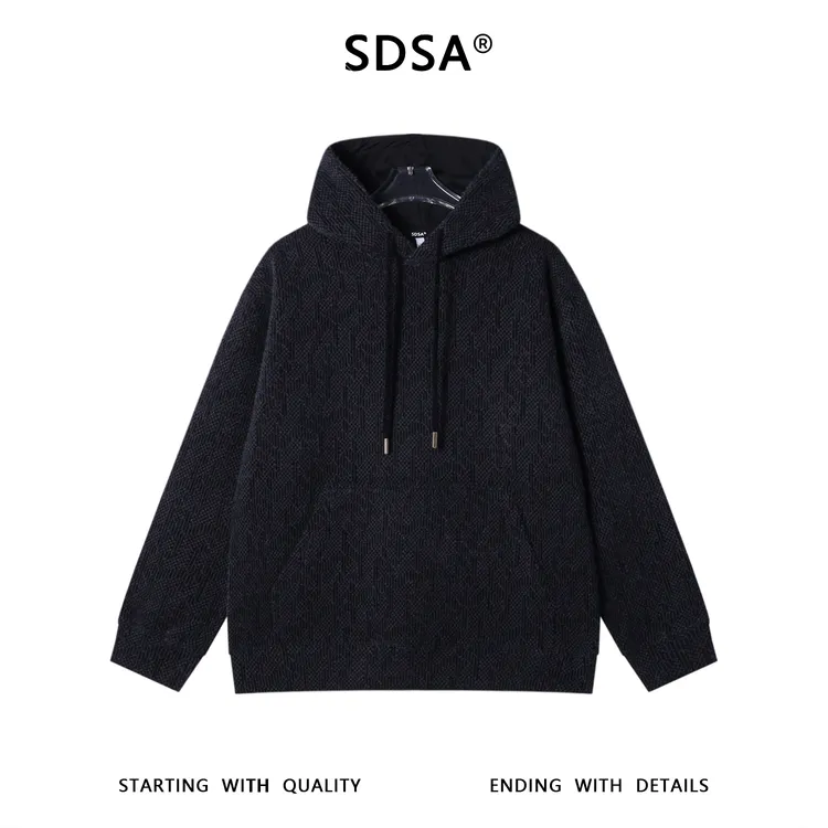 SDSA男士秋冬新款痞帅男装简约提花暗纹绒毛抽绳连帽卫衣百搭情侣