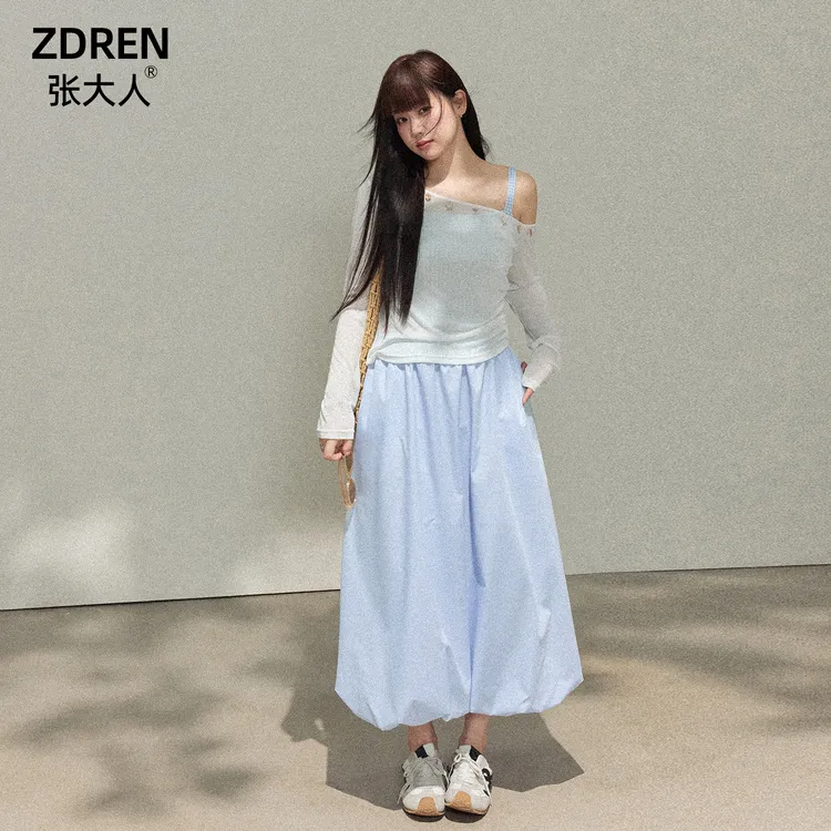 张大人【浅岛恋歌】大码女装微胖妹妹法式初恋白色上衣搭蓝色花苞裙