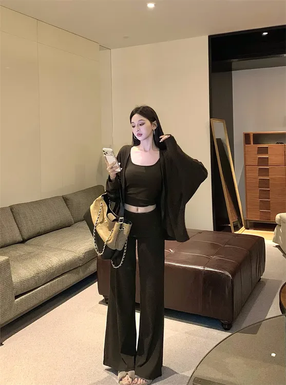 美式慵懒松弛感显瘦背心开衫裤子三件套装秋季黑色休闲上衣宽松