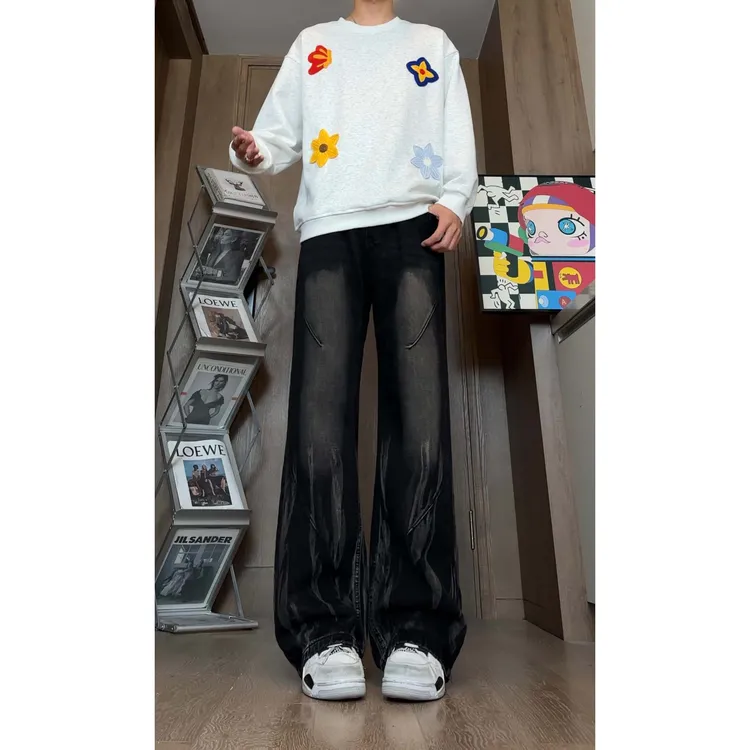 美式复古牛仔裤男款秋冬季高街vibe风高级感男装微喇阔腿直筒裤子