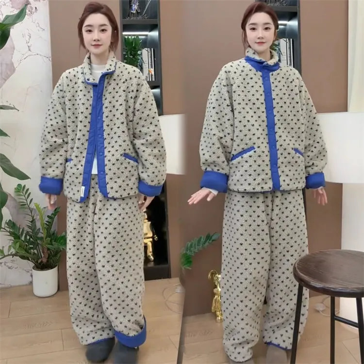 秋冬珊瑚绒睡衣女加厚保暖爱心印花撞色门襟翻领家居服套装两件套