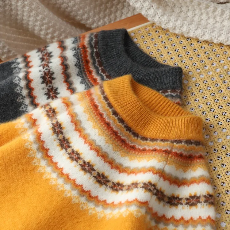 费尔岛图案儿童半高领100%纯羊毛衫男童套头毛衣女童针织打底衫